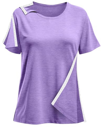Post Shoulder Surgery Shirts for Women- Short Sleeve-Full Snap-Open Arm Shoulder Recovery Clothing Chemo Clothing (XX-Large, Purple)