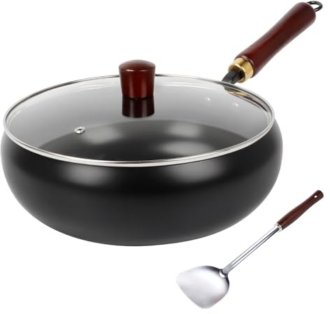 Wok Antiadherente 28cm Tapa de Cristal, Sartenes Antiadherentes con Una Espátula, Sarten Hierro Fundido Apto Para Placas de Gas, Eléctricas y de Inducción, Sin Recubrimientos Químicos, Fácil de Limpia