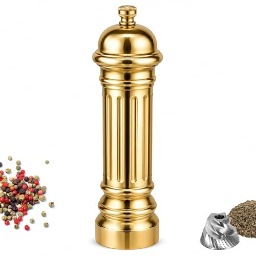 Aurevit Metall-Pfeffermühle mit Edelstahl-Mahlwerk, Hochwertiger Pepper Grinder mit einstellbarem Mahlgrad, Vollmetallgehäuse, nachfüllbar (Gold)