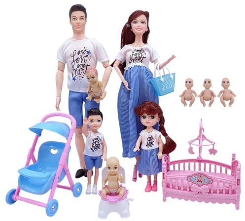Grtheenumb Puppe, Familienpuppenset, sicheres schwangeres Set mit Vater und 3 Kindern, 5 Personen mit Puppenhauszubehör, Rollenspielspielzeug für Kinder