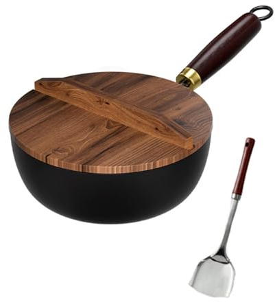 TREWQ Sartén de hierro japonés de 11 pulgadas, sartén de hierro sin revestir, wok antiadherente forjado a mano sin revestimiento, wok de cocina con fondo redondo y mango de madera duradero 28cm