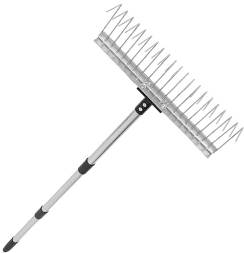 MOBUTOFU Rastrello da Giardino per Impieghi Gravosi con 21 Denti Manico Telescopico Regolabile 125 M in Metallo Staccabile Livellatore e Scarificatore Terreno per Raccolta Foglie e