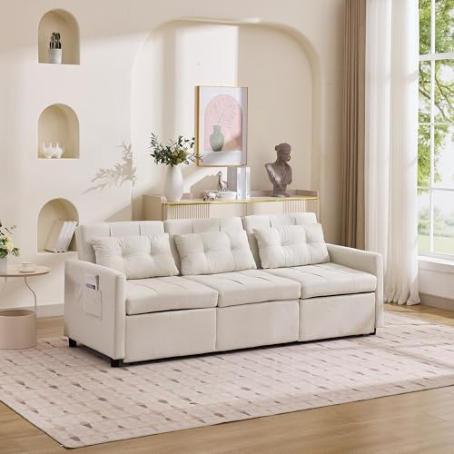 DJHWX Schlafsofa Ausziehbarer Couch, Ecksofa,L-Förmiges Sofa,3-Stufig Verstellbarer Rückenlehne,mit Kissen und Seitentasche,für Wohnzimmer und Wohnungen,Beige