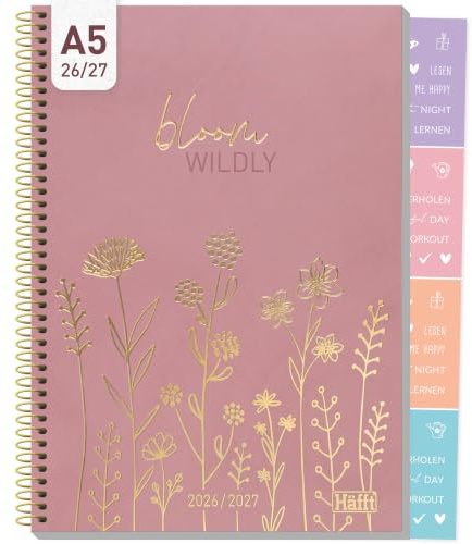 Häfft® College-Timer Schülerkalender 2026 2027 A5 Fine Flowers rosé | Mit Goldprägung & Stickern - Schulplaner 26/27 im Pastell-Look für Schule & Uni, Hausaufgabenheft mit Spiralbindung