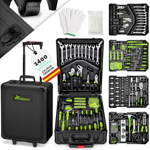 TRESKO® Werkzeugkoffer 1400-teilig gefüllt | Werkzeugkasten mit Rollen | Werkzeugkiste Haushalt, Heimwerker, Werkstatt, Hobby, KFZ, Büro | Profi Werkzeugtasche Werkzeug-Trolley im Aluminiumkoffer