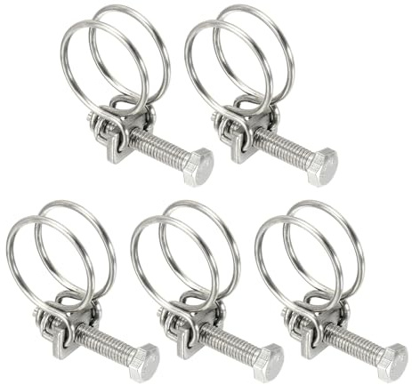 sourcing map 5 Pcs Double Wire Hose Clips 20-24 mm Stainless Steel Adjustable Wire Pipe Tube Clamps with M6 Screw Plumbing Joint Fastener for Dust Collection Pool Pond, Silver