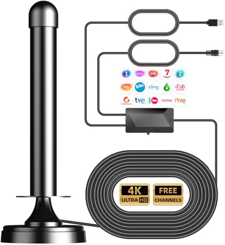 Antena TV Interior Potente TDT con Amplificador, Antena portatil TV, Antena TV para Interior - Recepción 360° Omnidireccional 4K 1080P Canales Locales Sin Suscripción, Base Magnética & Cable 9.8ft