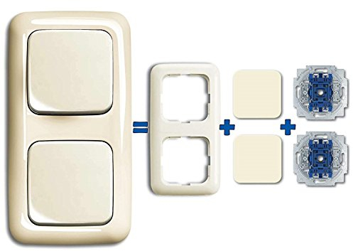 Busch-Jaeger Busch-Duro 2000 SI Komplettset: 2x 2020 US Wipptaster + 2x 2506-212 Wippe + 2512-212 2 fach Rahmen Cremeweiß