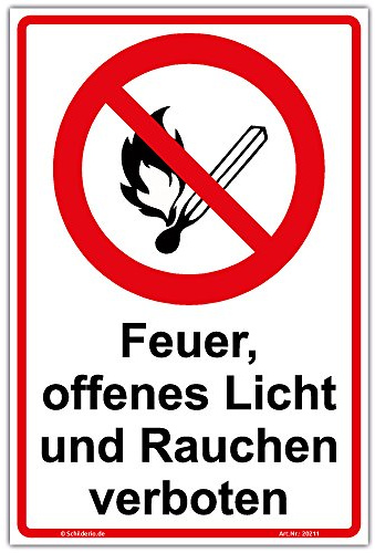 Schild Feuer, offenes Licht und Rauchen verboten Hinweisschild 300x200 mm Hochformat, stabile Aluminiumverbundplatte 3mm stark