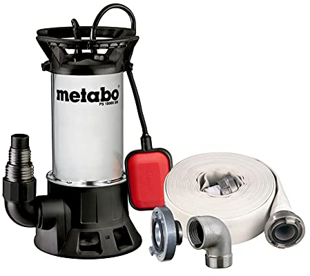 Metabo Schmutzwasser-Tauchpumpe PS 18000 SN Set (690626000) Karton; mit Ablauf-Garnitur mit Armaturen (15 m x 2), Storzkupplung (2 x 1 1/2) und Winkelanschluss Edelstahl (1 ½“), Nennaufnahmeleistung: 1100 W, Max. Fördermenge: 19000 l/h, Max. Förderhöhe: 11 m