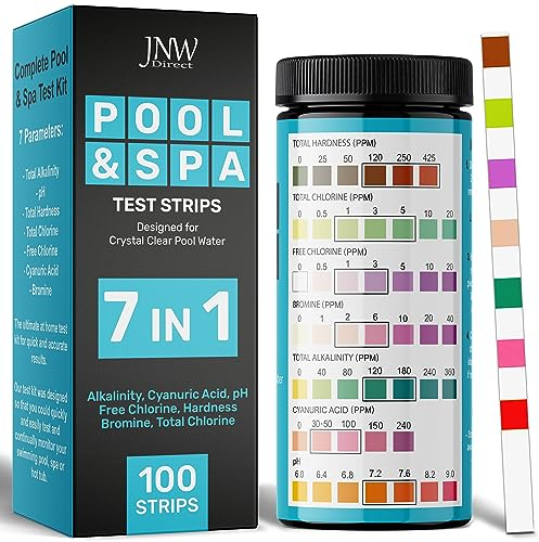 JNW Direct - Strisce reattive per piscine e spa, confezione da 100 strisce, esame del pH, cloro, bromo, durezza e altro ancora, test accurati 7 in 1 per l’acqua della piscina