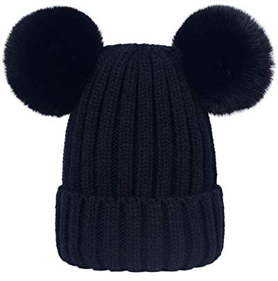 Damen Unisex Mütze Strickmütze Fellbommel Bommel Strick Mütze Winter-Mütze Bommelmütze mit 2 Bommeln (Schwarz,M: 36-60cm)