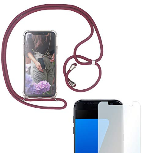 Eximmobile Handykette + Folie Schutzhülle kompatibel mit Huawei Y6 (2018) Handy Hülle mit Band Seil Bordeaux-Rot Schnur Case zum Umhängen Handytasche Umhängehülle Kette Kordel Silikoncase Tragen