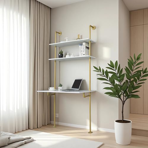 MAIKAILUN White and Gold Desk, 36 Ladder Desk, Wall Mount Computer Writing Table Pipe Shelf Shelving Mini Narrow Industrial Modern for Small Spaces(36x20x81)