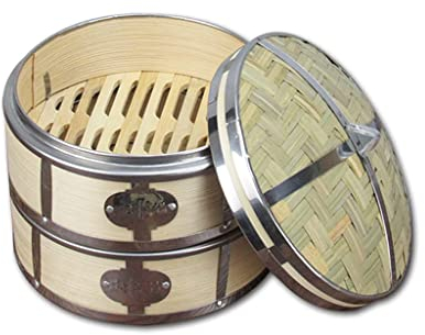 PIAOLING 3-stöckiger Bambus-Dämpfkorb, Dampfgarer, Knödelmacher, Gemüsedampfer, chinesischer Dampfgarkorb, Kanten aus Aluminiumlegierung