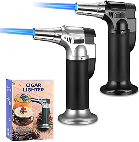 2 Pack Butane Torch Blow Torch, Refillable Torch Lighter, Kitchen Cooking Torch with Lock Adjustable Flame for BBQ, Brulee Creme, Baking(Butane Gas not Included)