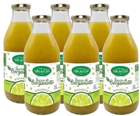 Valle del Crati Jus de Bergamote BIO de Calabre 720ml, 100% Pur, Boisson fraîche et désaltérante, sans sucres ajoutés et sans conservateurs, Jus de bergamote BIO 6 bouteilles de 720 ml
