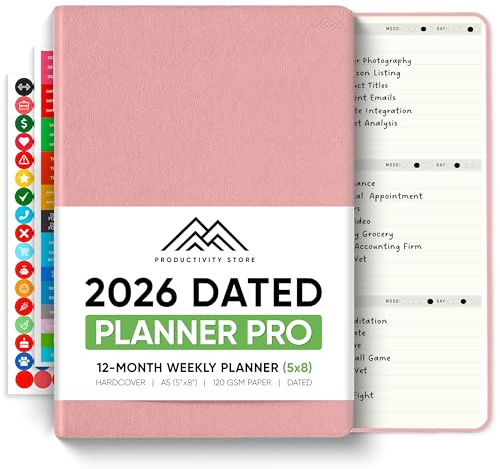 Planer Pro 2024 5,8 x 8,3 – datierter Produktivitäts- & Geschäftsplaner Notizbuch & Tagebuch – Monatsplaner 2024 & Tagesplaner 2024–2025 – A5 – Rosa – Productivity Store