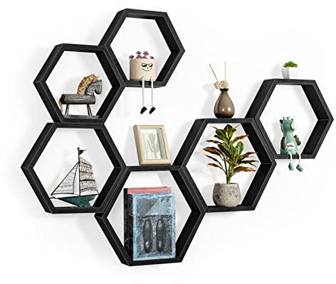YBING Sechseckige schwebende Regale, schwarz, sechseckige Regale für Wand, Holz, Bauernhaus, Lagerung, Wabenregal, 6 Stück, sechseckig, Wandmontage, Heimdekoration, Schlafzimmer, Büro