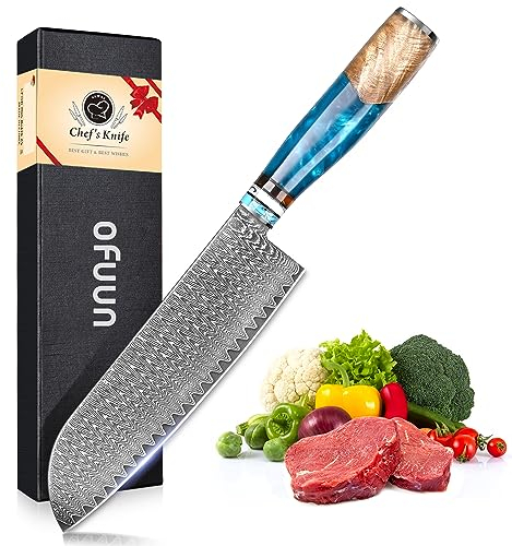 oFuun Damast Santokumesser Profi Messer, Scharfes Küchenmesser Messer Chefmesser 17,5cm Japanisches Kochmesser Damaststahl 67 Schichten mit Ergonomischem Griff Fleisch