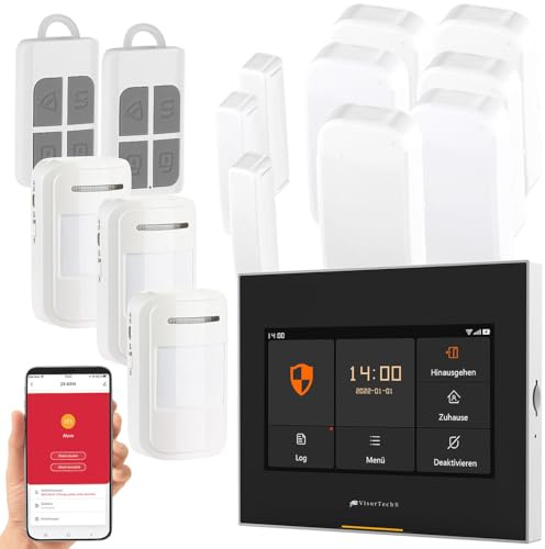 VisorTech Funkalarmanlage: 14-TLG. Funk-Alarmanlage: 9 Sensoren, 2 Fernbedienungen, GSM WLAN App (Alarmanlage Wohnung, Funk Set, 12V)