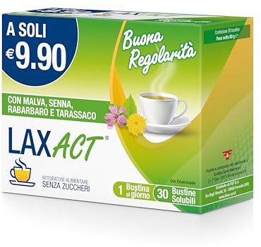 Lax Act, Bevanda Solubile a base di Malva, Senna, Rabarbaro e Tarassaco, Gusto Mela Verde - Confezione da 30 Bustine