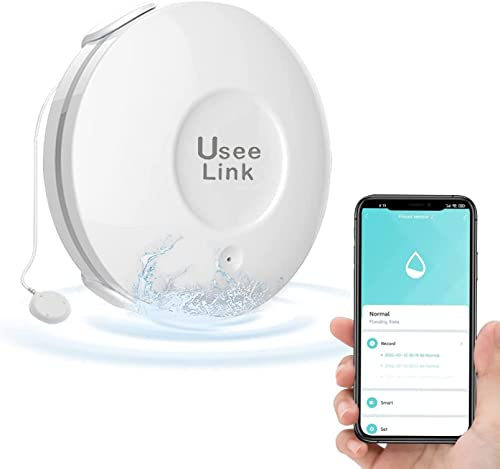 UseeLink Smart Home vattendetektor, WLAN-vattendetektor, vattensensor larm vattenläckdetektor med appaviseringar och 100 dB akustiskt larm, vattendetektor för kök, badrum, källare