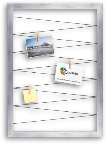 CLAMARO Bilderrahmen Collage Flex, 70 x 90 cm, Silber Gebürstet, für Fotos | MDF-Holzrahmen vollummantelt, vorgespannte Gummileine, Echtholz-Fotoklammern, Wandaufhänger, Postkarten, Notizen