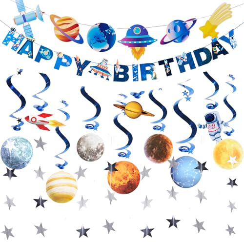 Homarkable Weltraum Geburtstagsbanner Party Deko Set mit 2 Happy Birthday Bannern, 10 Sonnensystem Streamern und hängenden Sternengirlanden