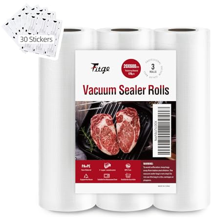 Fitge Vakuumierbeutel 170µm 20 x 600 cm / 3 Rollen für alle Vakuumiergeräte, Vakuumrollen für Lebensmittel, BPA-freie Vakuumbeutel, starke & reißfeste Vakuumfolie, professionelle Folienrollen
