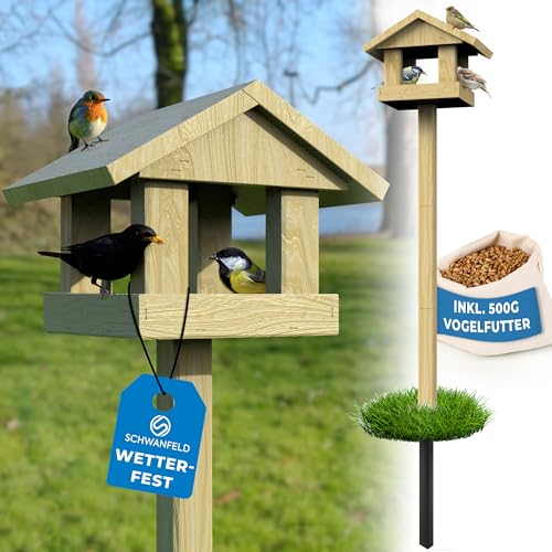 SCHWANFELD Vogelhaus mit Ständer wetterfest [FÜR ALLE VOGELARTEN] - inkl. 500g Vogelfutter - Vogelfutterhaus mit Ständer wetterfest & langlebig - sicheres Futterhaus für Vögel 1,2m hoch (kippsicher)