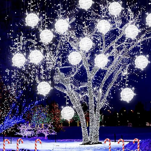 Outdoor Christmas Balls Lights Tree Lights Waterproof, 4 Pack 7.87 LED Hanging Globe Sphere Lights with 8 Lighting Modes Memory Timer Plug for Party Wedding Xmas Porch Patio Garden Yard Decorations