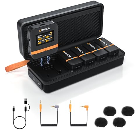 COMICA Vimo Q Lavalier Wireless Mikrofon mit 4 Sendern und 1 Receiver, 48kHz/24bit Audioqualität, Geräuschunterdrückung, 200M Reichweite, Ansteckmikrofon kabellos für DSLR-Kamera, Handy, iPhone, PC