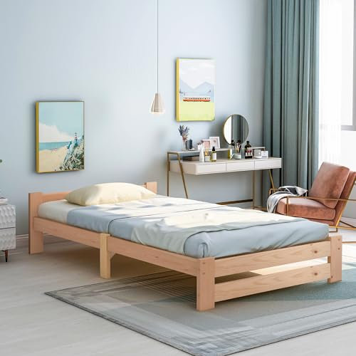 Aunvla Solide Massivholzbett Futonbett Massivholz Natur Bett aus mit Kopfteil und Lattenrost, Natur (200x90cm)