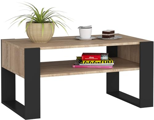 AKORD Table de Salon avec Une étagère DOMI | L92xH45xP53 cm | Table Basse Design Moderne | Tables Basses de Salon | Tableau Meuble de Rangement | Panneau Stratifié 16mm | Chêne Sonoma + Pieds Noirs