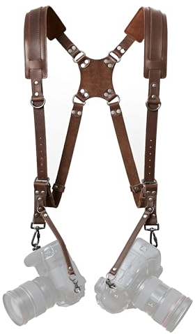 Padwa Lifestyle Dark Brown Dual Camera Harness Strap for Two-Cameras - Dual Shoulder Full Grain Leather Harness,Multi Double Camera Gear for DSLR/SLR Strap,Double Camera Harness for Photographers