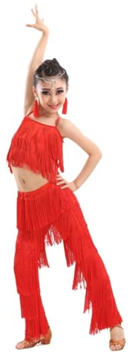 Falda Con Flecos De Baile Latino For Niñas, Top Corto + Pantalones, 2 Piezas, Ropa De Baile De Competición, Vestido De Baile De Salsa Tango Con Borlas, Disfraz De Actuación En Escenario(Red,120cm)