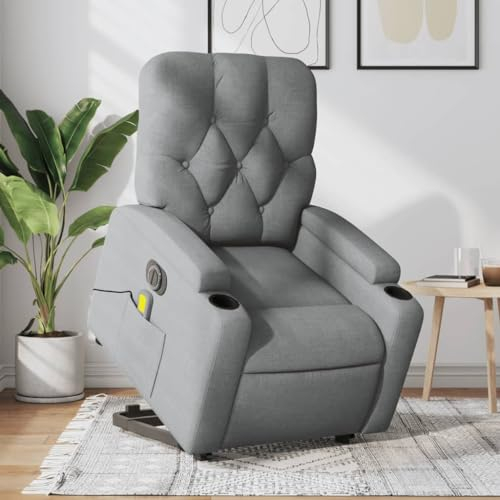 Homgoday Elektrisch Aufstehsessel, Massagesessel mit Aufstehhilfe,Fernsehsessel, Relaxsessel, Ruhesessel Liegesessel mit Liegefunktion TV Sessel, für Wohnzimmer Hellgrau Stoff