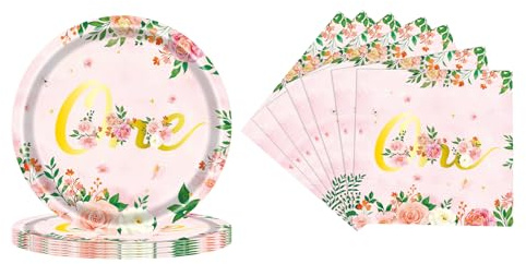 AIBAOBAO 1. Geburtstag Mädchen Deko Party Geschirr Pappteller Set, Rosa Blumen Partygeschirr Set für 24 Gäste, Einweg Geburtstag Partygeschirr, Tischdeko enthalten Party Essteller Servietten