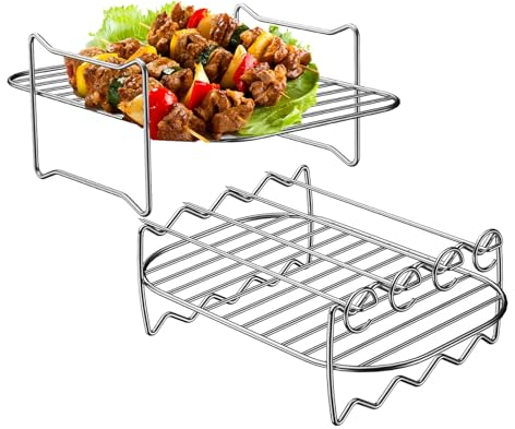 Pure Vie Airfryer Zubehör, 2 Heißluftfritteuse Zubehör Airfryer Rack und Dämpfen Rack, Doppellagig Mehrzweck Luftfritteuse Zubehör mit 4 Grillspieße Edelstahl, Grillrost Edelstahl 20.5X13.8X8cm