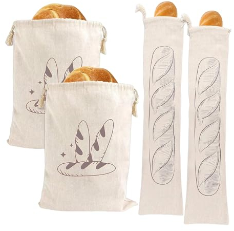 SNSYGN 4 Stück Brotbeutel Leinen, Brotbeutel Aufbewahrung Frischhalten Brotaufbewahrung Bäckerleinen für Brot Wiederverwendbar Bread Babrotbeutel mit Kordelzug für Brot Obst Gemüse
