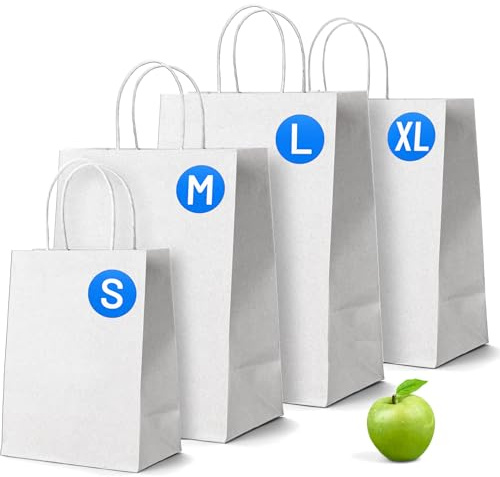 PWgoods White Paper Bags with Handles - 50 Pack, Small 9 x 7 x 3.5'', Twisted Handle Carrier Bag, Retail Lunch Party Gift