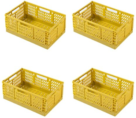 heqxwl 4 Stück Faltbare Kunststoff Aufbewahrungsbox, Einkaufskiste Klappbar, Stabil Klappboxen Faltbar für Küche, Büro, Schlafzimmer, Schrank, Schublade (Gelb, M)