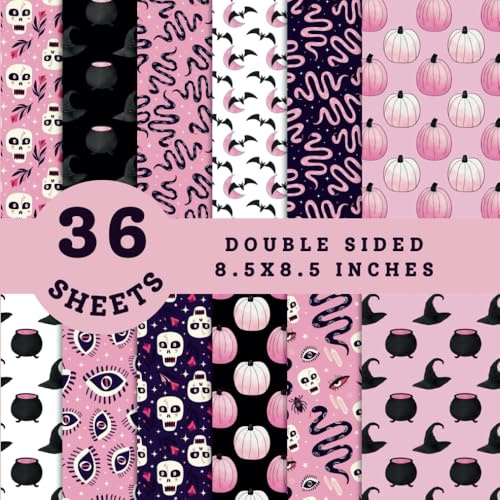 Halloween Scrapbooking Paper Pad With Snakes, Bats, Pumpkins, With Hats And Skulls: Double Sided 8.5x8.5 Inch, 36 Sheets, 12 Designs In Pink, Black And Purple