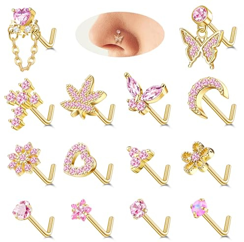 Milacolato 14Stück 20G Nasenpiercing Stecker für Damen Anhänger | 14K Gold Edelstahl Nasenstecker L S form Korkenzieher Herz Mond Nase Nose Stud Nostril Piercing für Damen