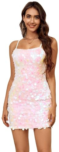 Waist Wow Women's Sequin Dress Sexy Spaghetti Strap Dresses Ladies Glitter Sparkly Mini Dress Pink