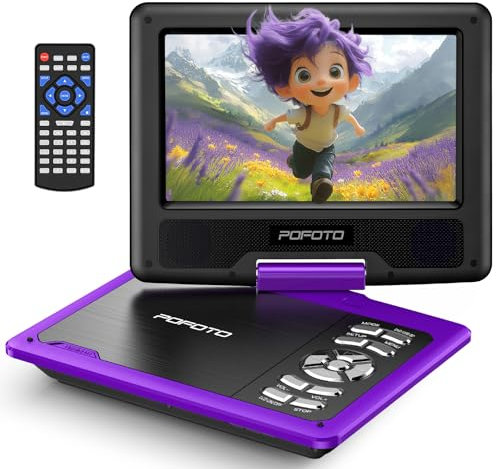 POFOTO Lettore DVD portatile da 9,5 pollici per bambini e auto con schermo girevole da 7,5 pollici, 4-6 ore di autonomia, lettore DVD con doppio altoparlante, telecomando, supporto Sync TV, Region
