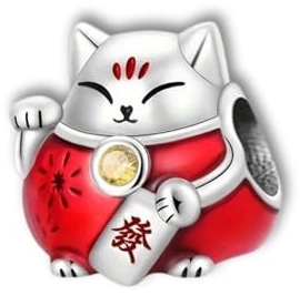 JOME Charm Chat Porte-Bonheur en Argent 925 – Maneki Neko Esmalté avec Zircon – Compatible avec Bracelets Européens – Symbole de Chance et de Prospérité