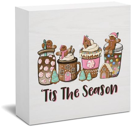 Decorazione natalizia di pan di zenzero, 'Tis The Season,Casa di pan di zenzero caramelle caffè scatola di legno segno, decorazioni natalizie per interni per mensole, camino, tavolo, parete, 12,7 x