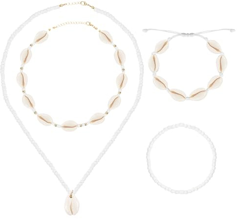 DPKOW Weiße Muschelkette Armband für Damen Mädchen, Mehrlagige Boho Halsketten Choker Kette Damen Armband Surferkette Bohemian Schmuck Sommer Strand Surfer Halsketten Armbänder